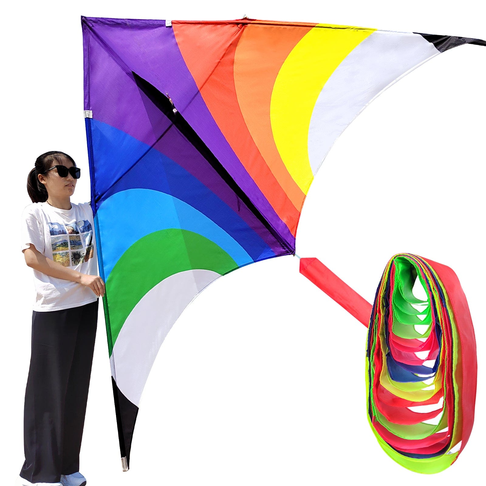 [2 Pack] Extra Large Wide Colorful Kite Rainbow Vivid Colors 60” Wings, Long Tail 95”, Easy to Assemble and Fly, Including Reel and Bag, for Beach